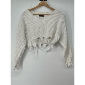 Zaful Cut Off Distressed White Knit Oversized Sweater One Size‎ Grunge Fisherman